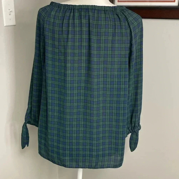 TALBOTS Tartan Popover Blouse Plaid Ruffle Green Black Fall Winter Petite Preppy - Picture 3 of 4